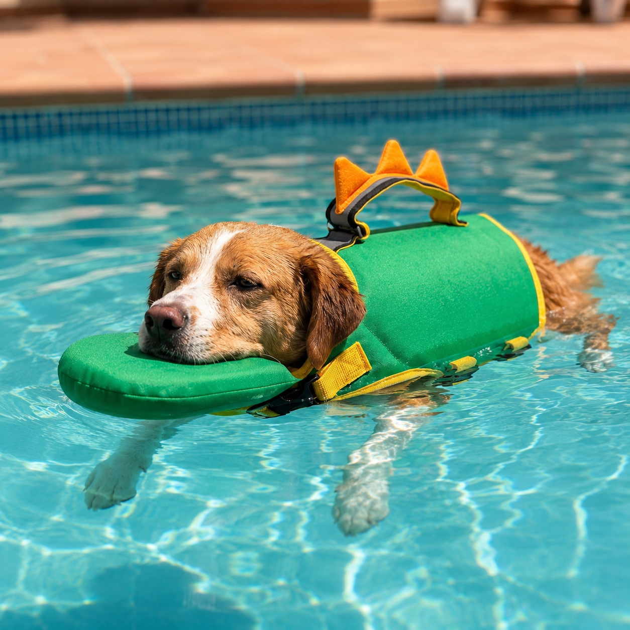 Cane che galleggia rilassato in piscina con il Salvagente Floovi verde