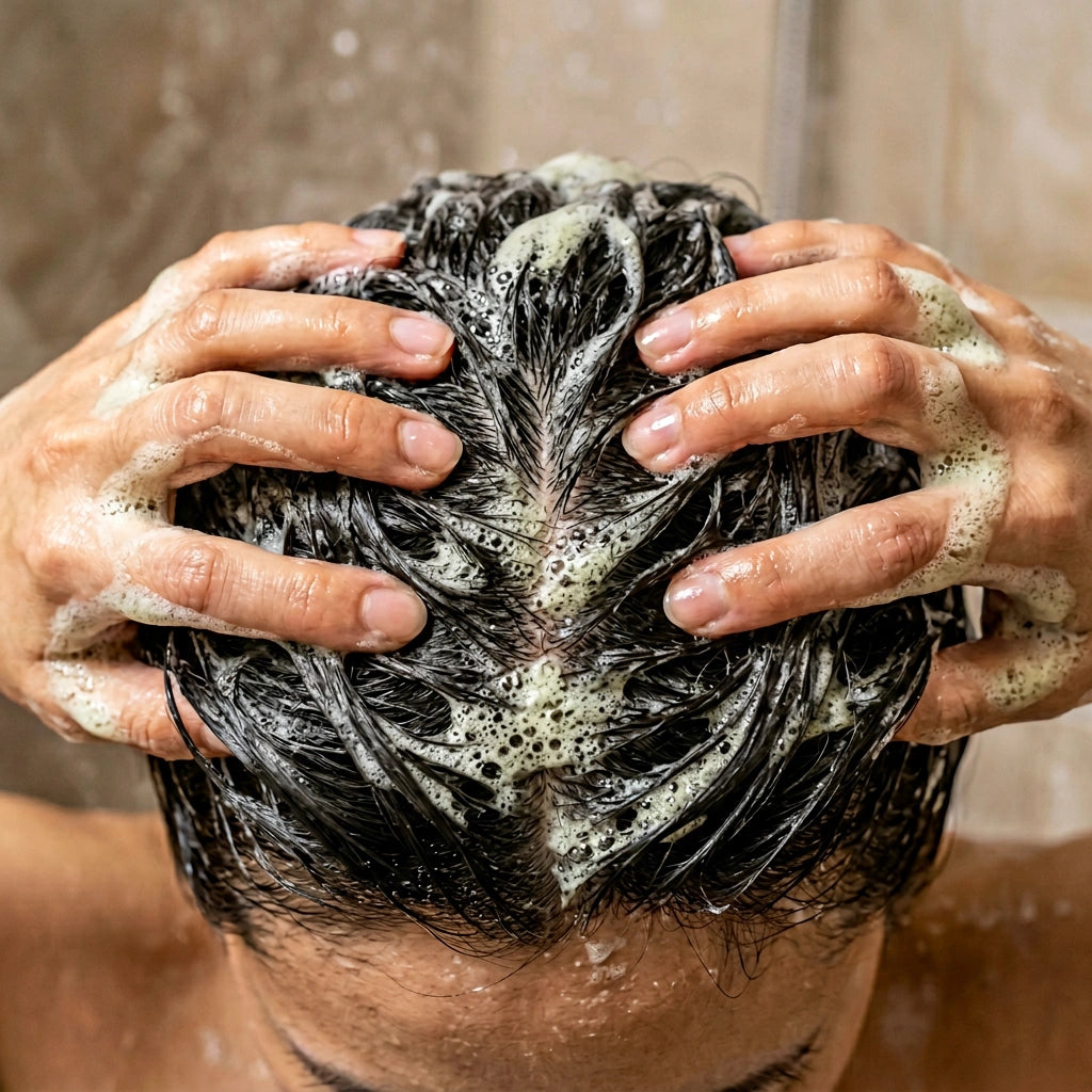 Massaggio del cuoio capelluto con la schiuma del sapone Floovi