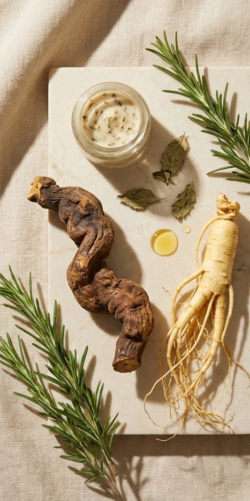 Radici ed erbe botaniche della tradizione coreana su un piano di pietra