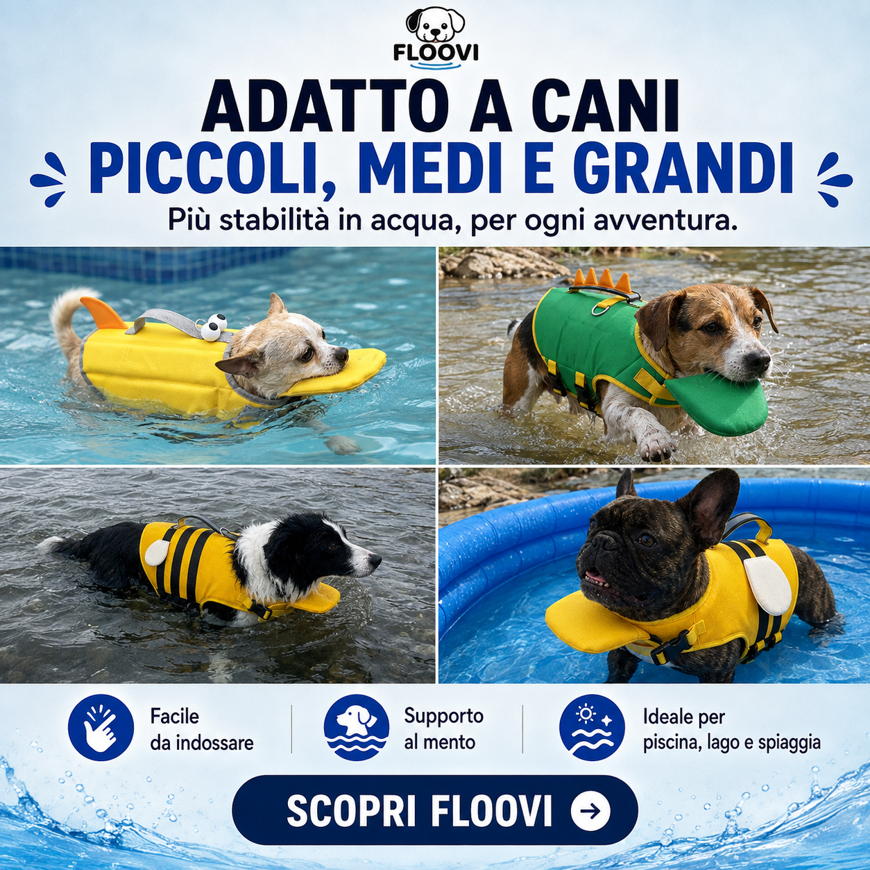 Cane con il Salvagente Floovi pronto per entrare in acqua