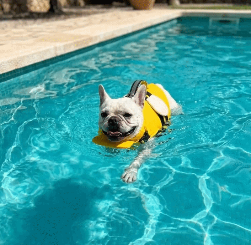 Bulldog francese che nuota serenamente con il salvagente Floovi in piscina