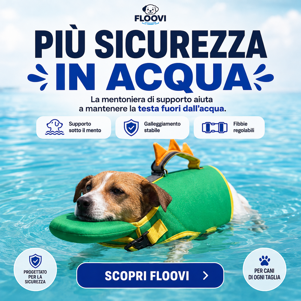 Dettagli del Salvagente Floovi: collare, maniglia e cinghie regolabili